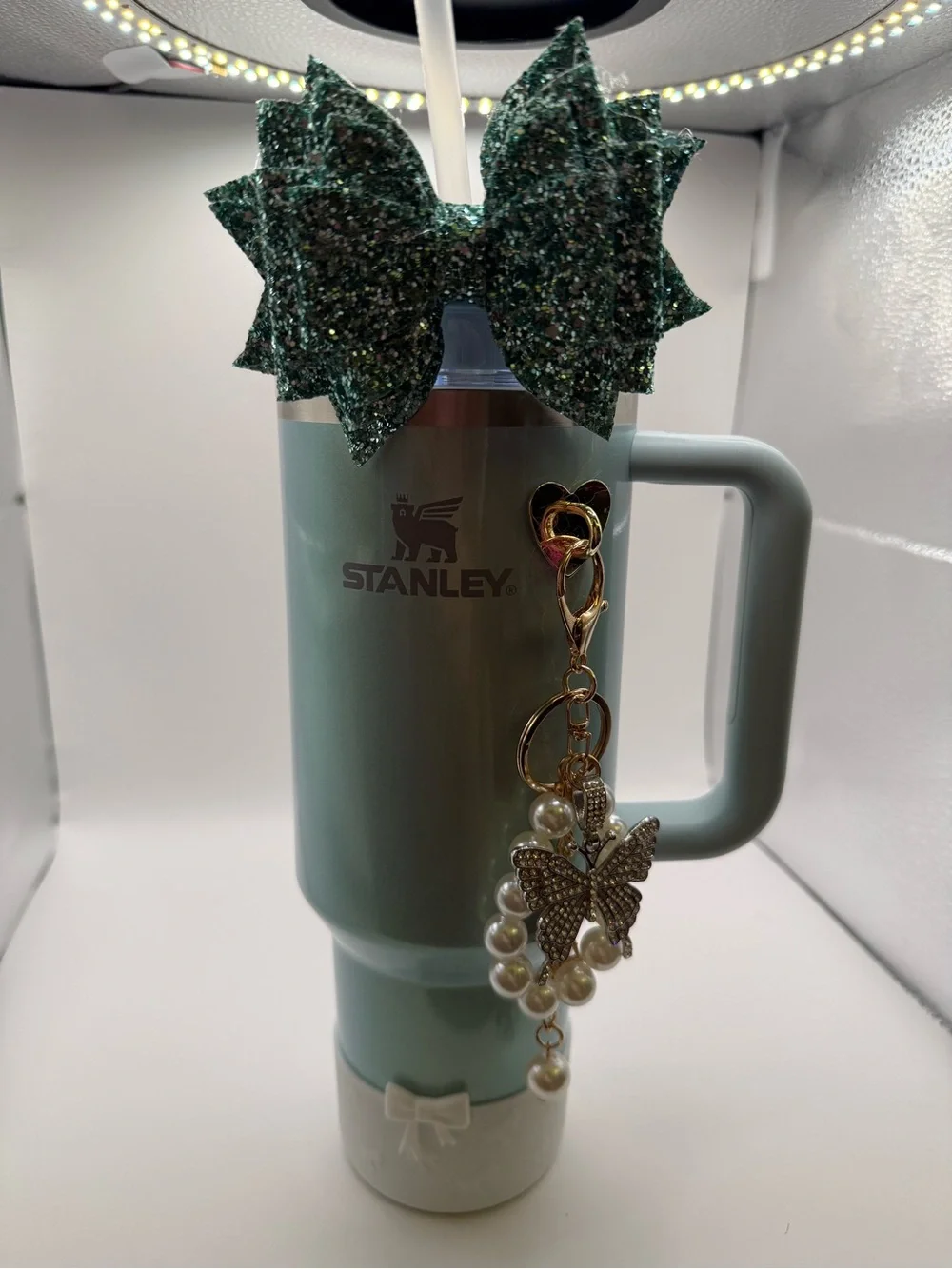 Stanley Mint Green Travel Mug with Pearl Butterfly Key Charm